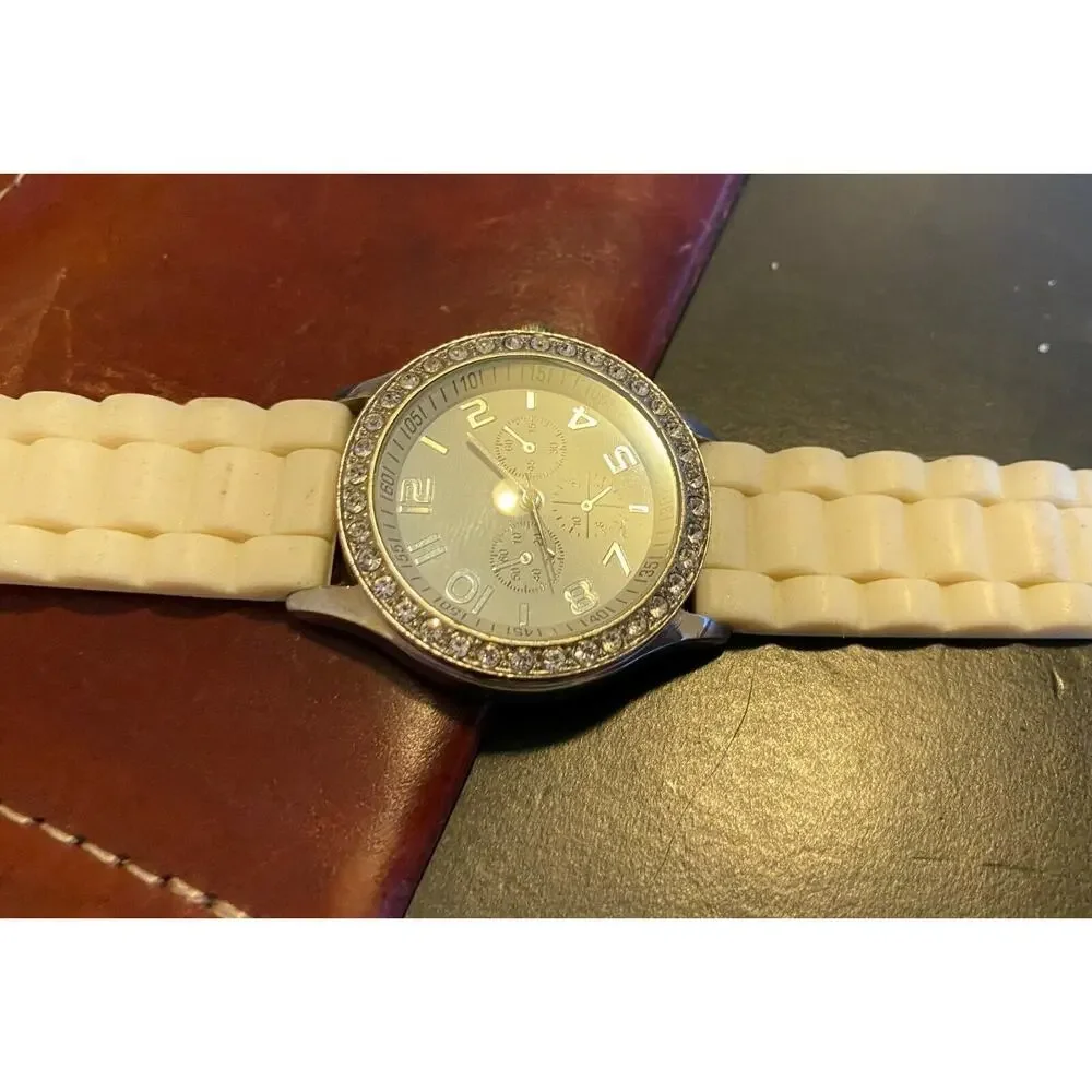 Women's 38mm silver Tone Darice watch with Crystal Accent and White Poly Band
